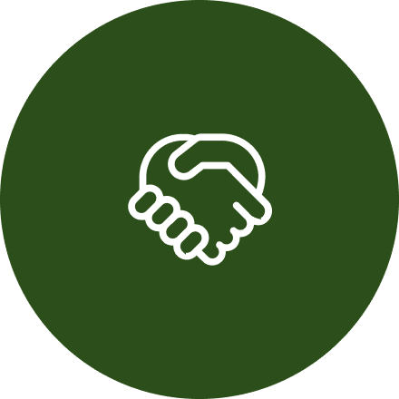 Handshake icon on a dark green background.